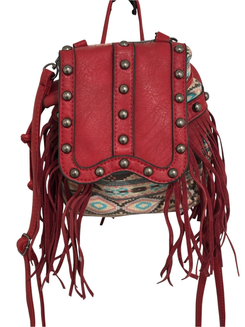 Boho Fringe Studded Hobo Bag in Red - Women's Crossbody Hobo